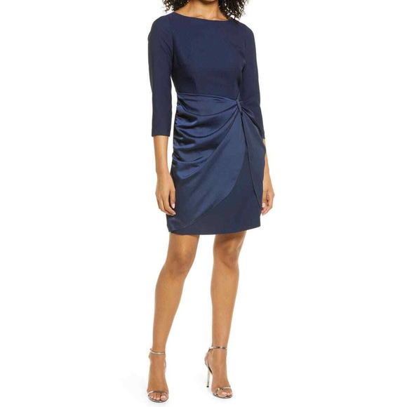 Eliza J Dresses & Skirts - Eliza J Navy Blue Gathered Cocktail Sheath Dress, 3/4 Sleeve Women's Size 8